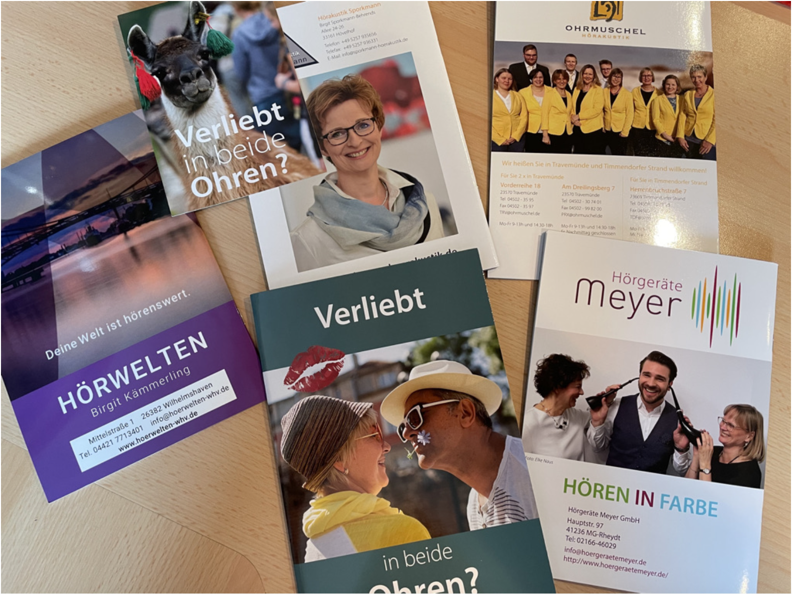 Beispiele individualisierter Broschüren – Hörwelten, Ohrmuschel, Hörgeräte Meyer, Hören in Farbe u. a.